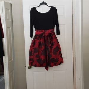 Red and black full, pleated skirt dress